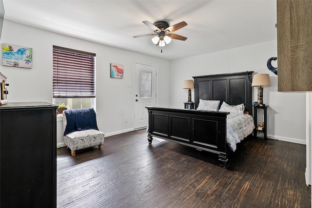 bedroom with wood finished floors, baseboards, and ceiling fan