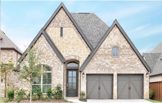 french country inspired facade with brick siding, concrete driveway, a shingled roof, and a garage
