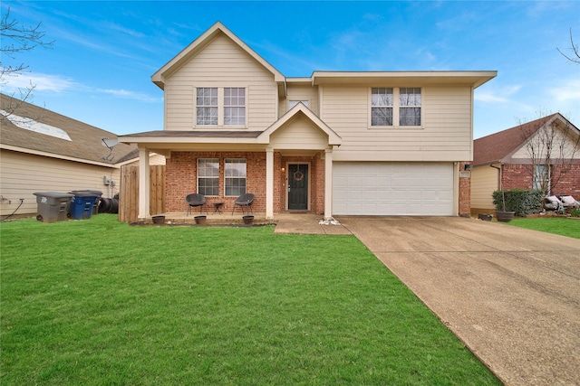 view of front of property with driveway, brick siding, an attached garage, and a front yard