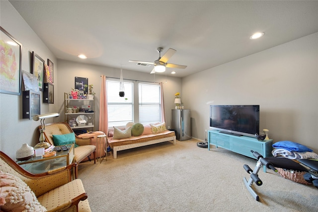 living room featuring recessed lighting, carpet, visible vents, and ceiling fan