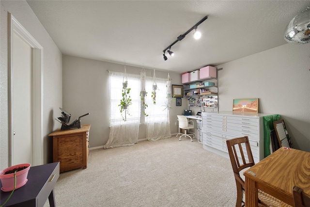 home office with rail lighting and light carpet