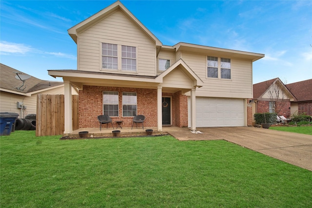 view of front of home featuring brick siding, an attached garage, concrete driveway, and a front lawn