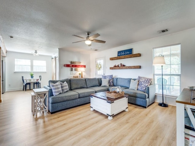 206 Cocopa Dr, Lake Kiowa, TX 76240 - living area featuring light wood finished floors, ceiling fan, baseboards, ornamental molding, and a textured ceiling