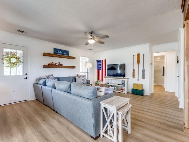 206 Cocopa Dr, Lake Kiowa, TX 76240 - living room featuring a ceiling fan, light wood-style floors, a textured ceiling, and baseboards