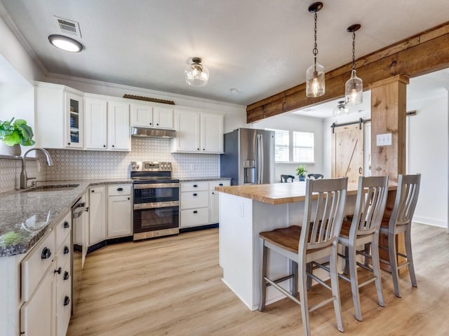 206 Cocopa Dr, Lake Kiowa, TX 76240 - kitchen with stainless steel appliances, a barn door, light wood-type flooring, a sink, and white cabinets