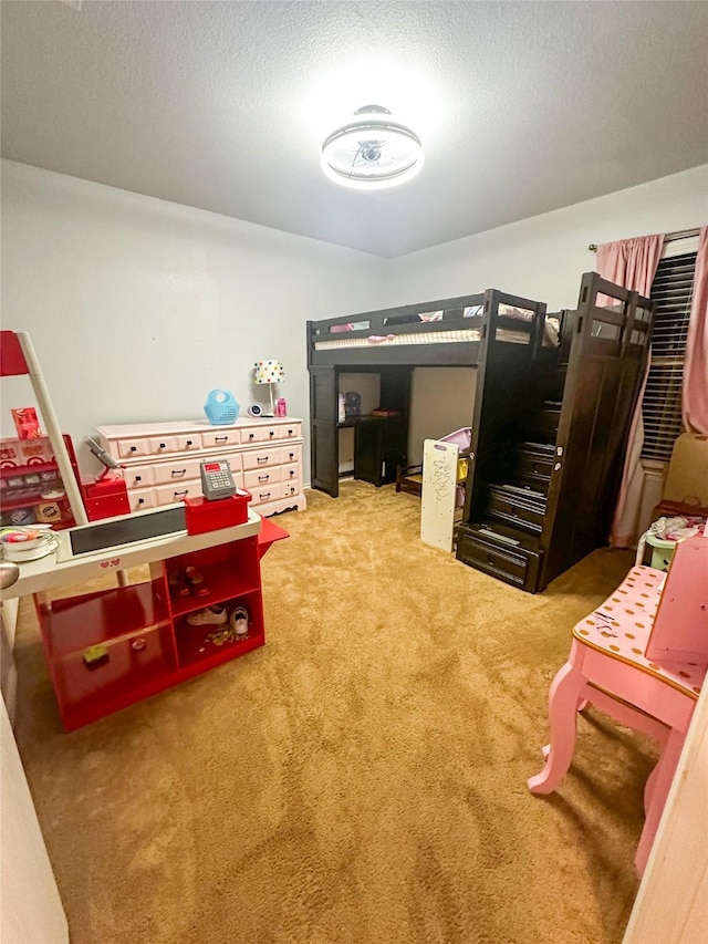 carpeted bedroom with a textured ceiling