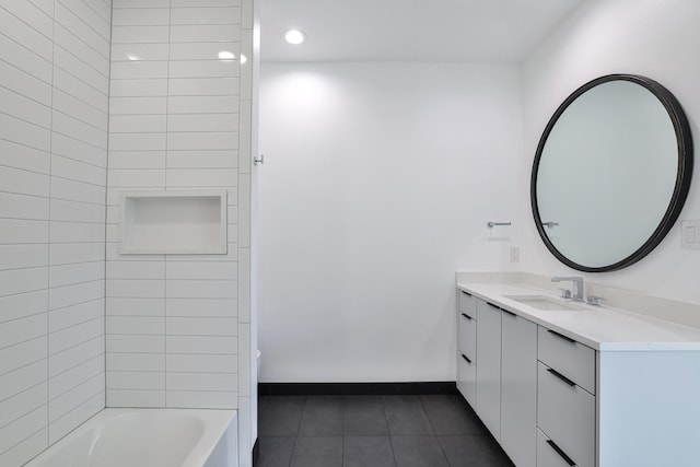 1733 E Lake Dr, Weatherford, TX 76087 - full bathroom with tile patterned flooring, baseboards, recessed lighting, shower / bathing tub combination, and vanity