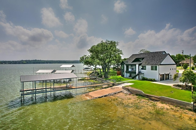 1733 E Lake Dr, Weatherford, TX 76087 - dock area with boat lift, a water view, and a lawn