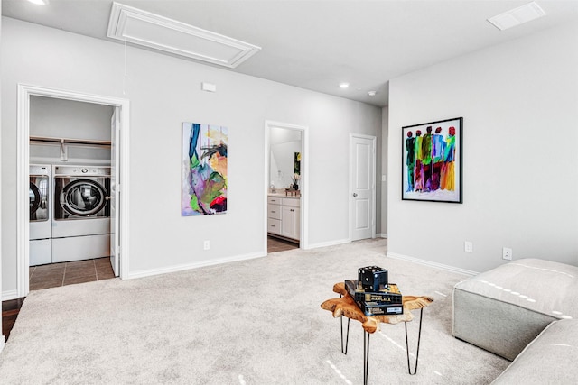 sitting room featuring baseboards, washer and dryer, recessed lighting, attic access, and carpet flooring