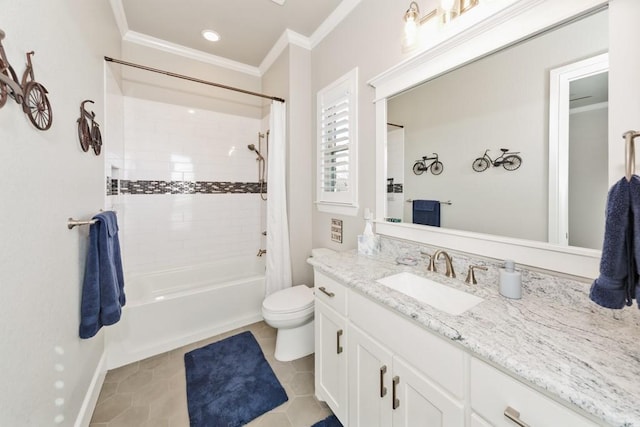 bathroom with shower / tub combo with curtain, toilet, ornamental molding, tile patterned flooring, and vanity