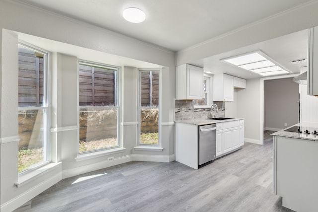4018 Tobin Trl, Rowlett, TX 75088 - kitchen with stainless steel dishwasher, white cabinets, light wood-style flooring, crown molding, and a sink