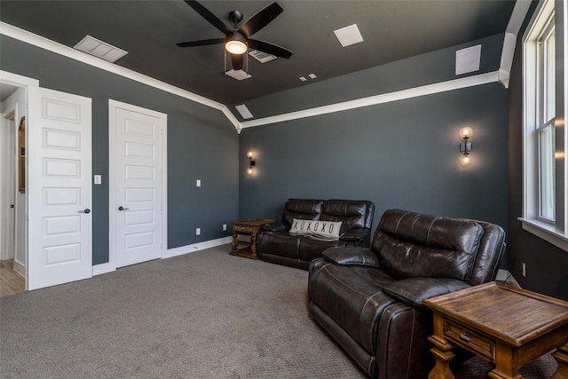 2652 Kessler Dr, Celina, TX 75009 - home theater room with visible vents, baseboards, ceiling fan, vaulted ceiling, and carpet flooring