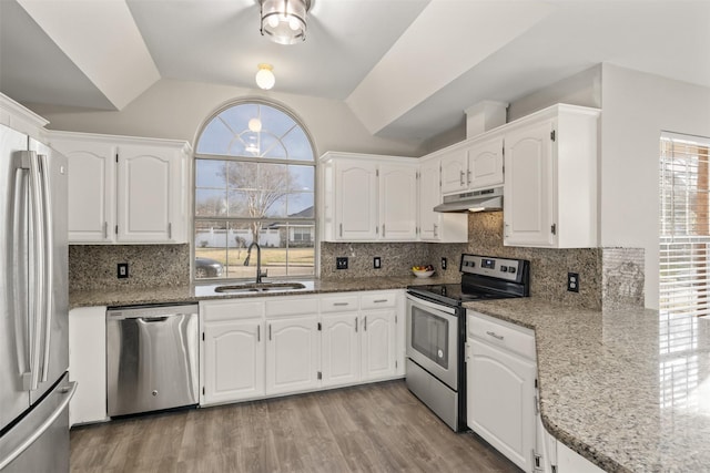 kitchen with lofted ceiling, a sink, white cabinetry, and appliances with stainless steel finishes