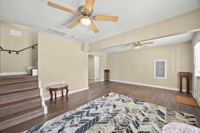 399 E College St, Alba, TX 75410 - living room featuring baseboards, visible vents, wood finished floors, and ceiling fan