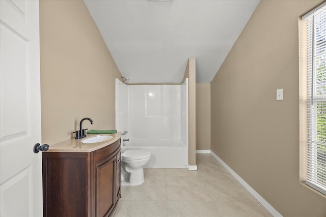 399 E College St, Alba, TX 75410 - bathroom featuring tile patterned flooring, vanity, vaulted ceiling, toilet, and bathing tub / shower combination
