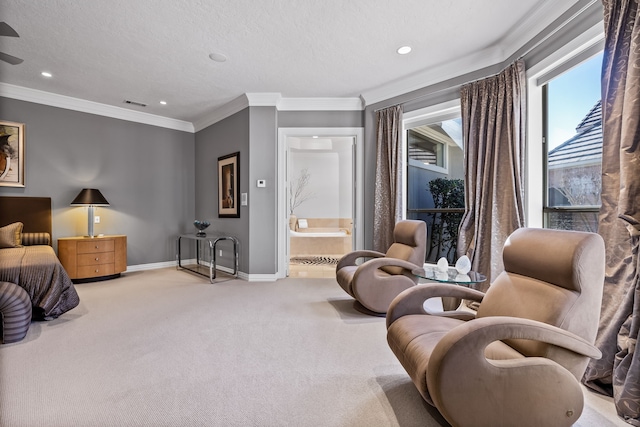 carpeted bedroom with crown molding, recessed lighting, baseboards, and visible vents
