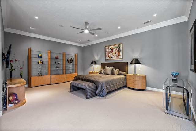 bedroom with carpet flooring, recessed lighting, crown molding, and visible vents