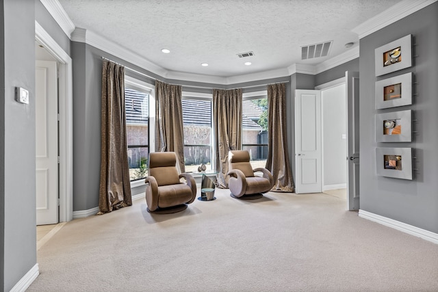 carpeted bedroom featuring baseboards, ornamental molding, ensuite bathroom, and recessed lighting