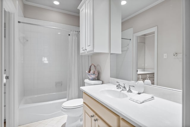 full bathroom featuring shower / bath combination with curtain, crown molding, tile patterned flooring, vanity, and toilet