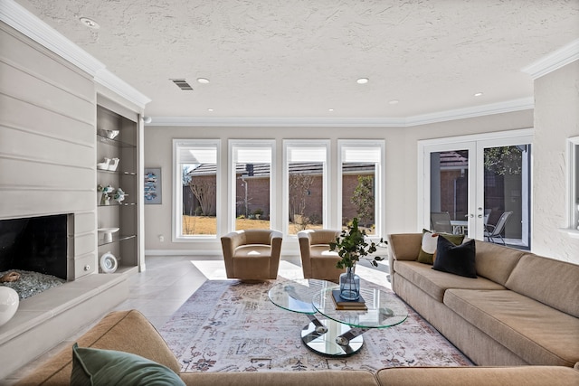 5819 Coolwater Cv, Dallas, TX 75252 - tiled living area featuring healthy amount of natural light, french doors, built in features, crown molding, and a fireplace with raised hearth