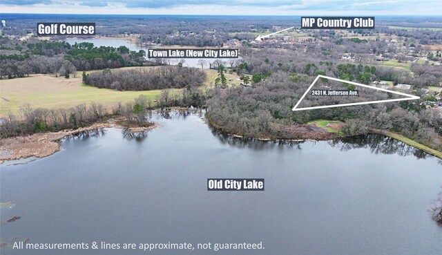 2431 N Jefferson, Mount Pleasant, TX 75455 - aerial view of property's location with property parcel outlined and a nearby body of water