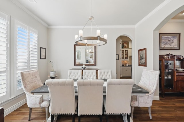 12265 Indian Creek Dr, Fort Worth, TX 76179 - dining room with arched walkways, wood finished floors, a chandelier, ornamental molding, and baseboards