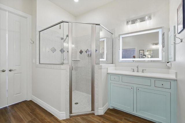 12265 Indian Creek Dr, Fort Worth, TX 76179 - full bathroom with wood tiled floor, a stall shower, and baseboards