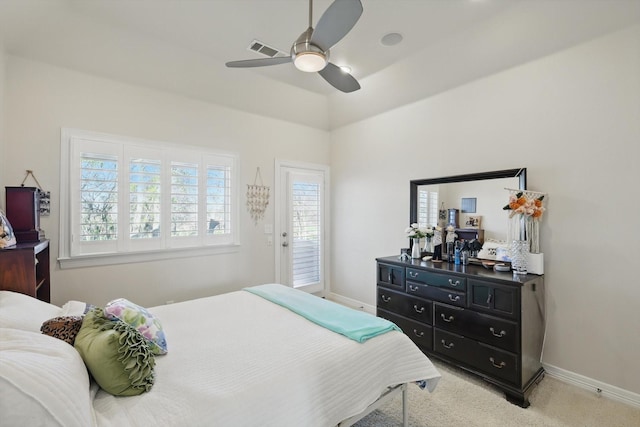 12265 Indian Creek Dr, Fort Worth, TX 76179 - bedroom featuring baseboards, visible vents, light carpet, and ceiling fan