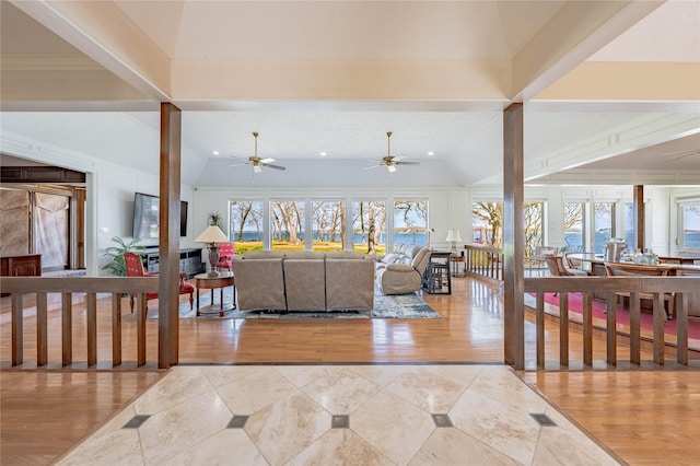 39 Lakeside Dr, Star Harbor, TX 75148 - tiled living room featuring plenty of natural light, a ceiling fan, recessed lighting, and lofted ceiling
