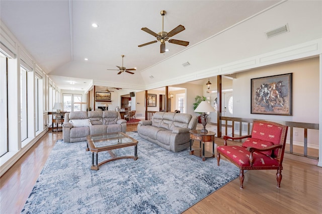 39 Lakeside Dr, Star Harbor, TX 75148 - living area featuring lofted ceiling, ceiling fan, wood finished floors, and recessed lighting