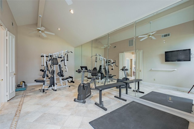 39 Lakeside Dr, Star Harbor, TX 75148 - exercise room featuring high vaulted ceiling, ceiling fan, beamed ceiling, baseboards, and recessed lighting