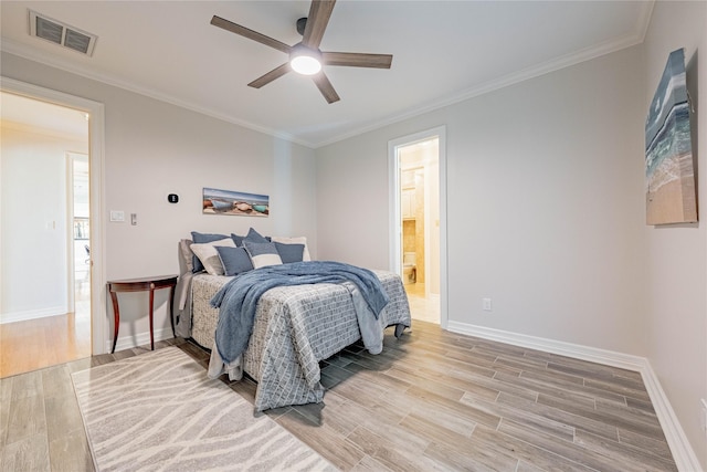 39 Lakeside Dr, Star Harbor, TX 75148 - bedroom featuring light wood-type flooring, baseboards, ornamental molding, ensuite bath, and a ceiling fan