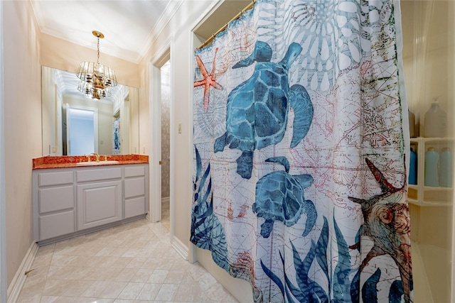 39 Lakeside Dr, Star Harbor, TX 75148 - full bathroom featuring ornamental molding, vanity, baseboards, and a chandelier