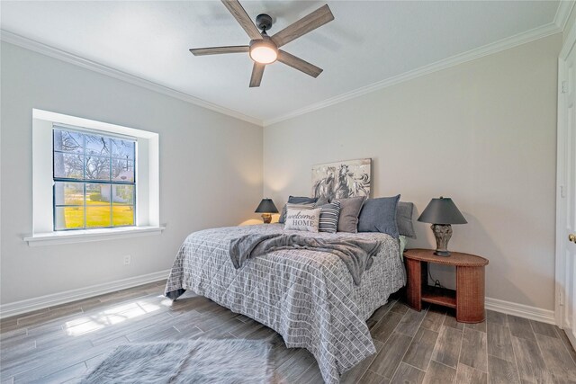 39 Lakeside Dr, Star Harbor, TX 75148 - bedroom with baseboards, wood finished floors, crown molding, and a ceiling fan