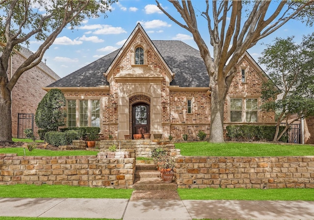 view of front of property featuring brick siding, a front lawn, and roof with shingles