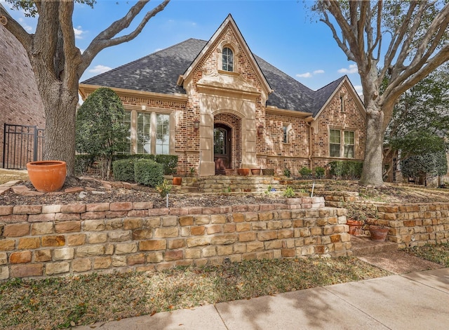 view of front of home featuring fence, a shingled roof, and brick siding