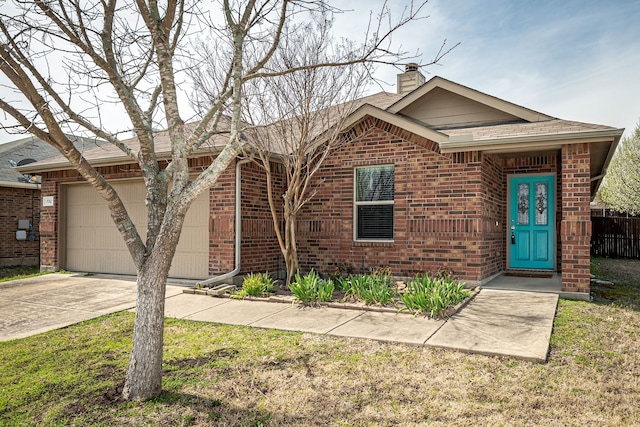 single story home featuring an attached garage, brick siding, driveway, and a shingled roof