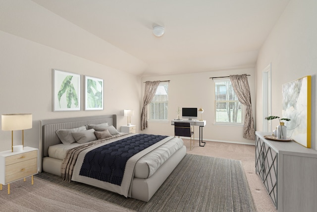 bedroom with vaulted ceiling, light colored carpet, and baseboards