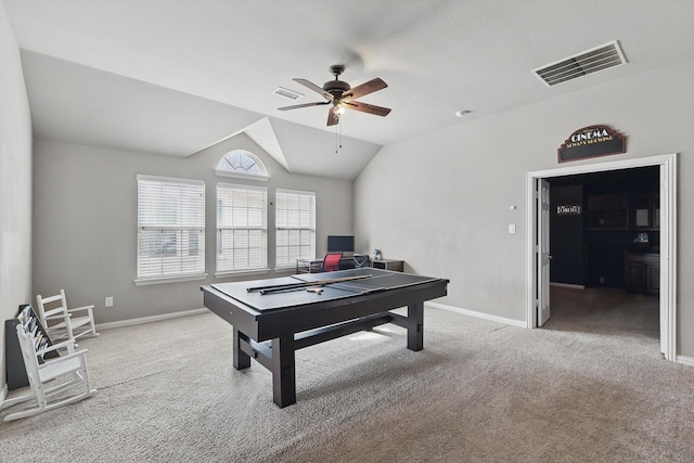 9645 Salvia Dr, Fort Worth, TX 76177 - game room featuring carpet, a ceiling fan, lofted ceiling, and an office area