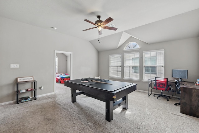 9645 Salvia Dr, Fort Worth, TX 76177 - recreation room with carpet, a ceiling fan, lofted ceiling, and a desk