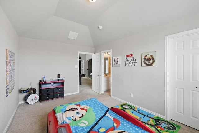 9645 Salvia Dr, Fort Worth, TX 76177 - bedroom with light carpet, lofted ceiling, and ensuite bath