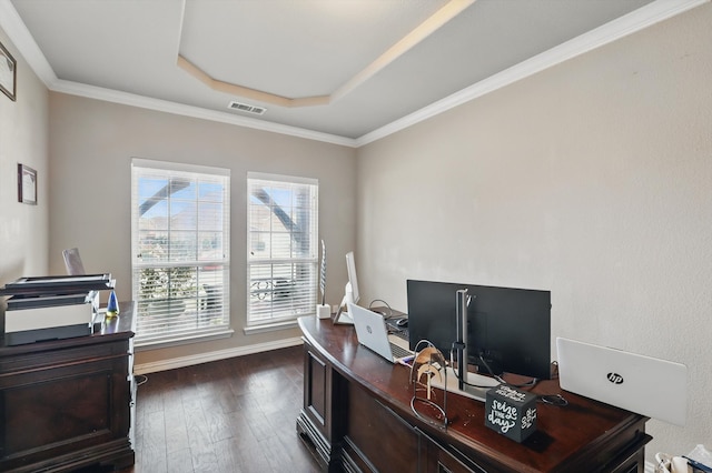 9645 Salvia Dr, Fort Worth, TX 76177 - home office with a raised ceiling, dark wood-style floors, and crown molding