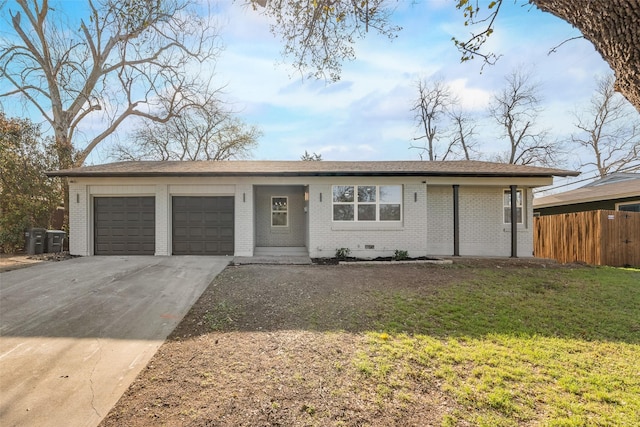 single story home featuring brick siding, concrete driveway, an attached garage, and fence