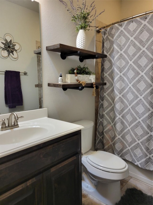 630 Warner Dr, Anna, TX 75409 - bathroom featuring toilet, vanity, a shower with shower curtain, and tile patterned flooring