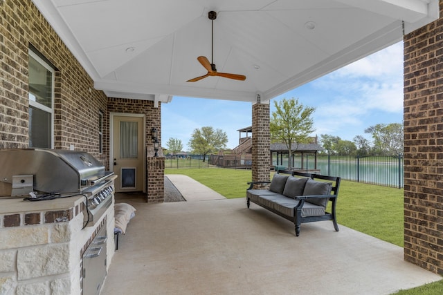 639 Calm Water Cv, Princeton, TX 75407 - view of patio / terrace featuring a fenced backyard, an outdoor living space, area for grilling, and a ceiling fan