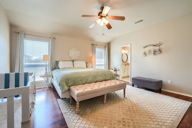 2710 Chalmers Ct, Rockwall, TX 75032 - bedroom with wood finished floors, baseboards, vaulted ceiling, and a ceiling fan