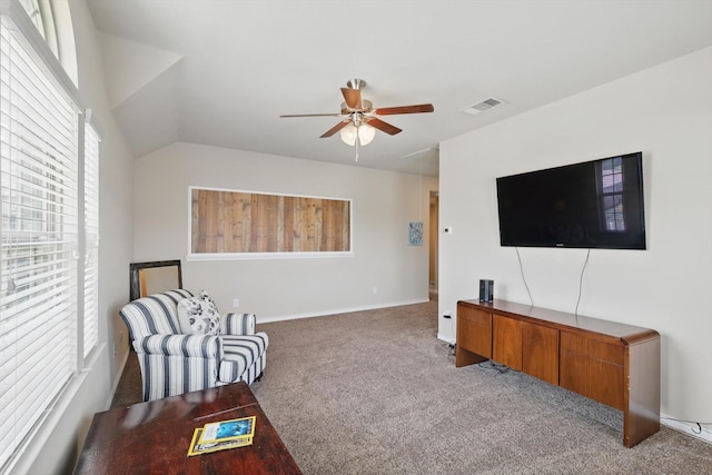 3013 Dominion St, Denton, TX 76209 - living area with carpet flooring, ceiling fan, lofted ceiling, and baseboards