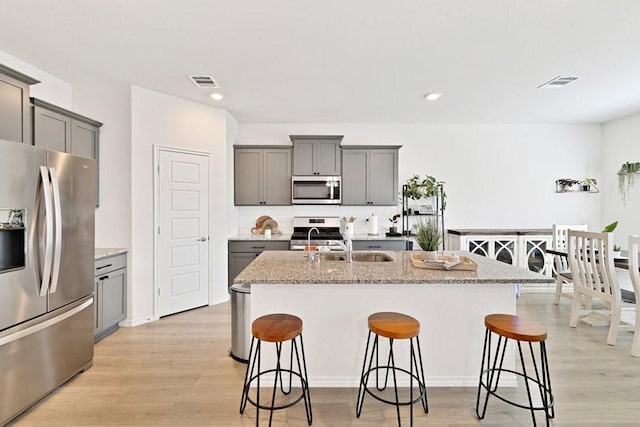 kitchen featuring visible vents, appliances with stainless steel finishes, a breakfast bar area, and gray cabinetry