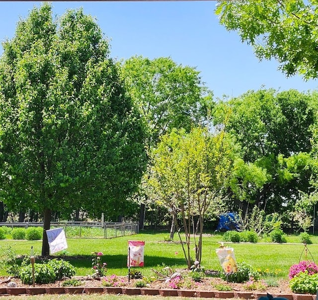 view of home's community featuring a yard and fence