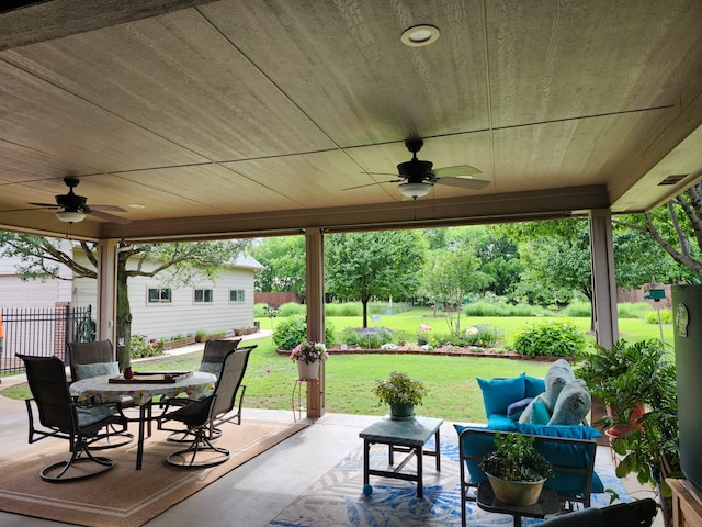 2008 Carlisle Dr, Crowley, TX 76036 - view of patio featuring outdoor dining area, fence, a ceiling fan, and an outdoor living space